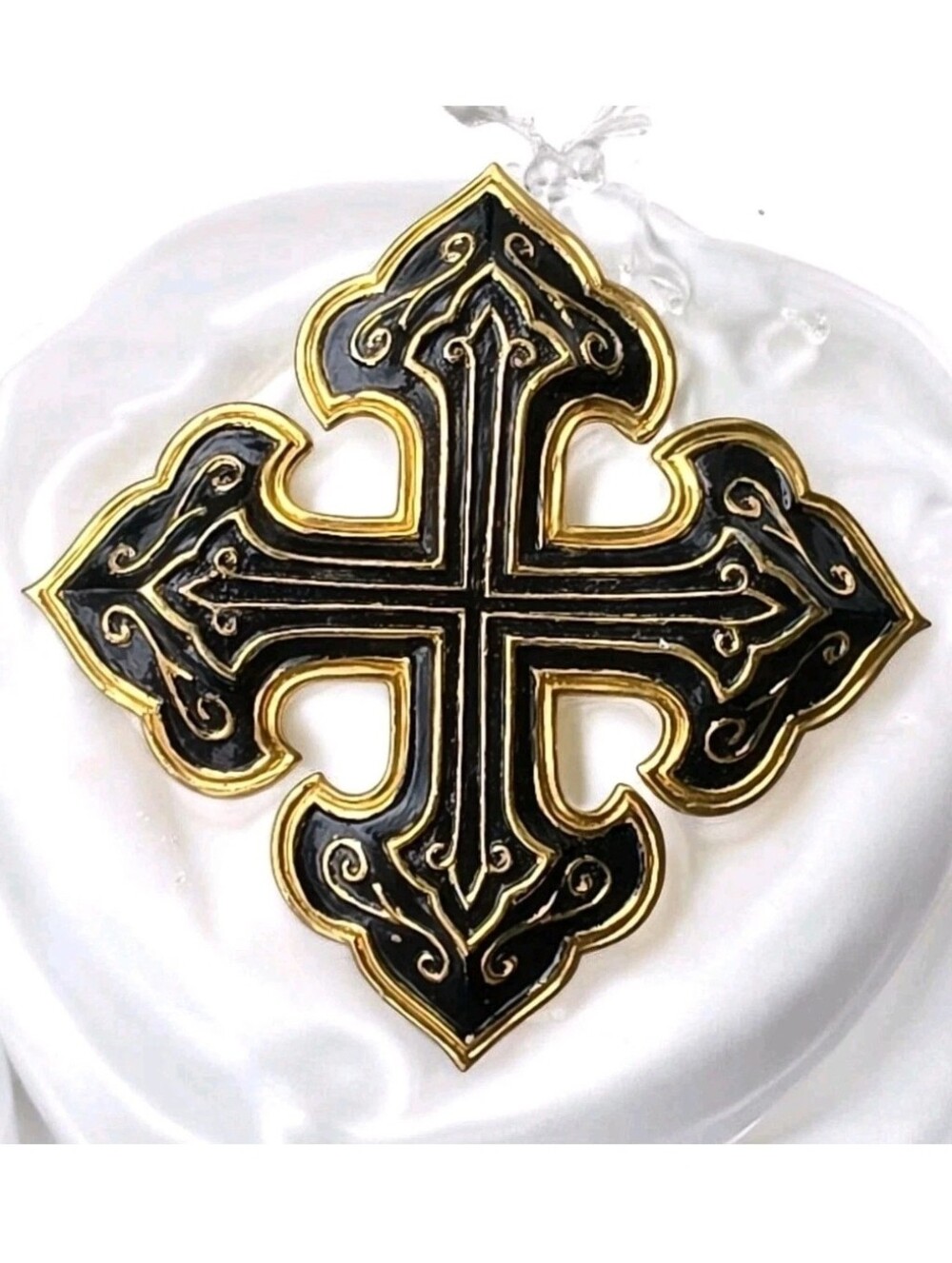 Vintage Signed JOMAZ Joseph Mazer Black Enamel Maltese Cross Brooch Pendant Huge